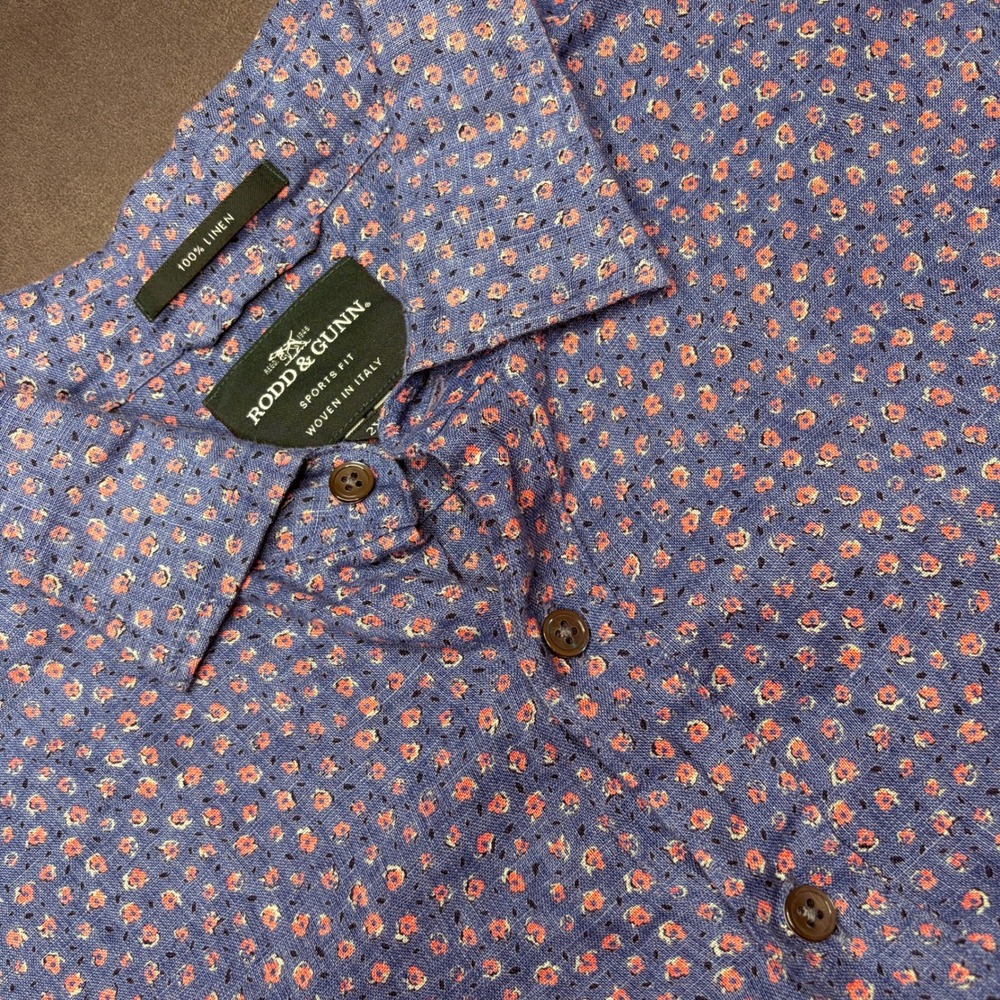 Rodd & Gunn Button Down Shirt Mens 2XL Blue Ditsy Floral 100% Linen Sports Fit